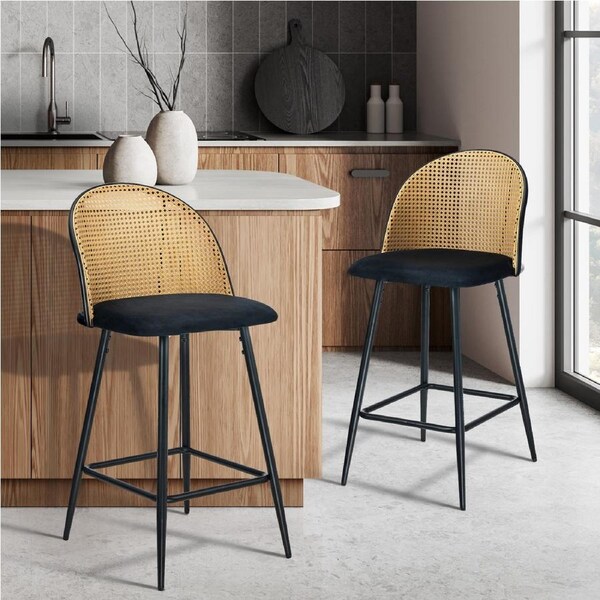 Oikiture Bar Stools Kitchen Counter Stool Rattan Dining Chair Velvet Black x2