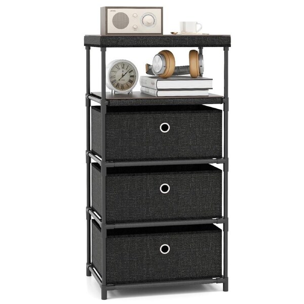 Giantex Narrow Dresser Fabric Storage Tower w/3 Drawers & Metal Frame Industrial Organizer Unit Black