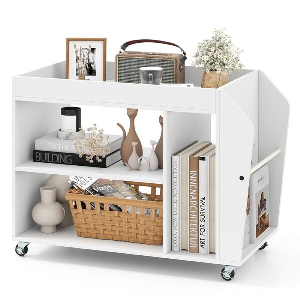 Giantex Side End Table 3-Tier Bookshelf w/Universal Wheels Rolling Nightstand Storage Rack White