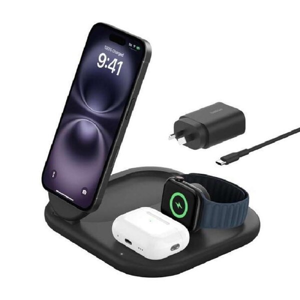 Belkin BoostCharge 3-in-1 Magnetic Foldable Wireless Charger 15W With Qi2 - Black (WIZ029auBK),30W USB-C PS,1.5m USB-C to USB-C Cable,2 Years Warranty WIZ029auBK
