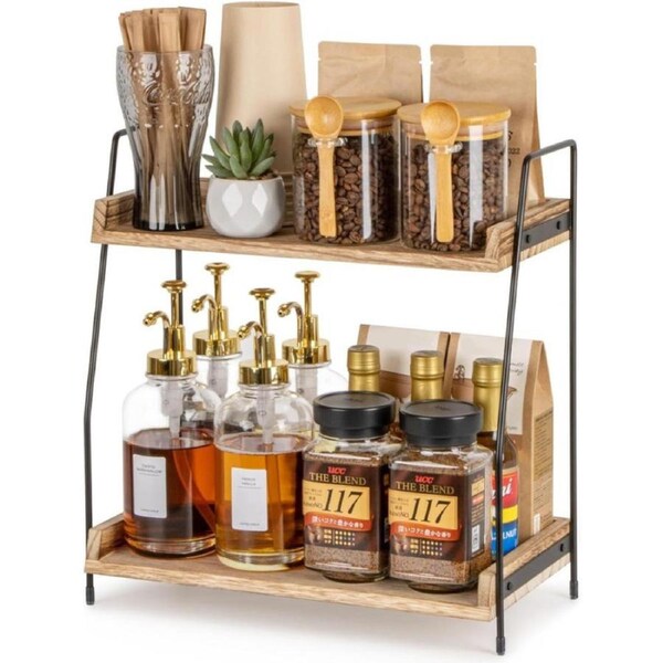 Coffee Station Organizer for Countertop, Wooden Kitchen Counter Shelf, 2 Tier Hot Chocolate Station Organizer, Coffee Bar Accessories, Countertop Shelf for Kitchen, Home, Office