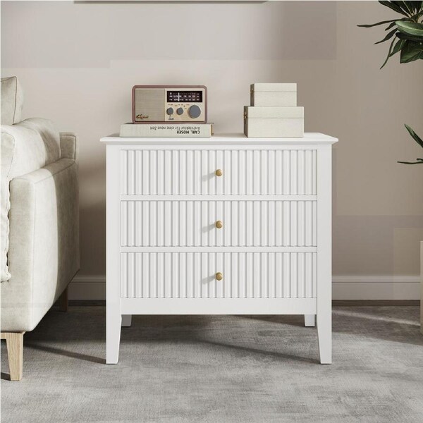 Zara Fluted WIDE 3 Drawer Bedside Table - White