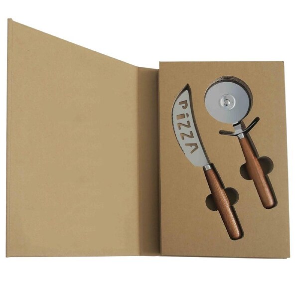 Acacia Wood & Steel Pizza Cutter Set