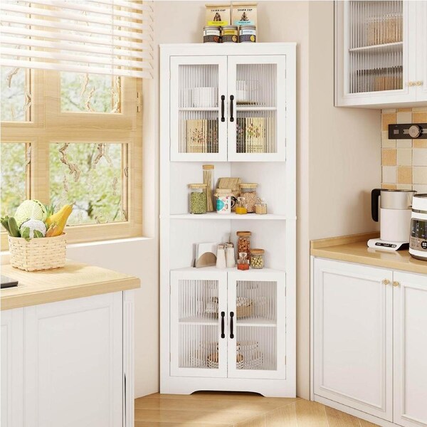 Costway 170 cm Tall Corner Cabinet Bathroom Cabinet w/Adjustable Shelves Freestanding Cabinet White