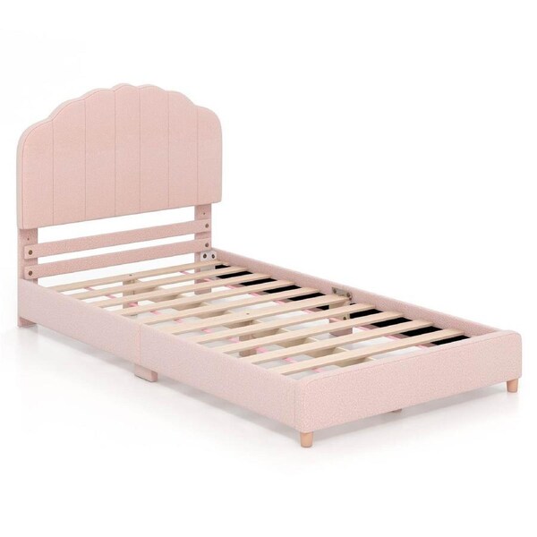 Costway Wooden Single Bed Frame Upholstered Platform Bed Frame w/Height-Adjustable Headboard Pink