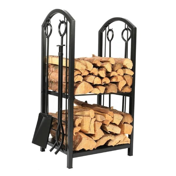 Firewood Rack With 4 Fireplace Tool Set Log Wood Holder Steel Large Storage