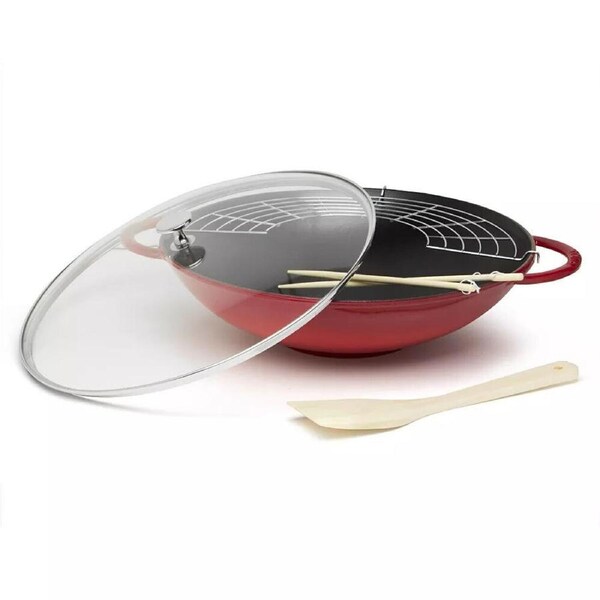 Staub Enamelled 37cm Cast Iron Wok w/ Rack Insert & Glass Lid Red