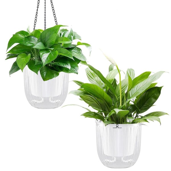 SpringUp 2 Pack Self Watering Hanging Planters Pots 16.5 cm Plant Hanger With Drainage Holes For Garden Home(White+White)