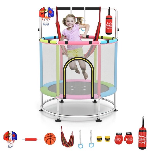 Costway Trampoline w/Punching Bag & Adjustable Gym Bar & Rings Home Workout Combo Pink