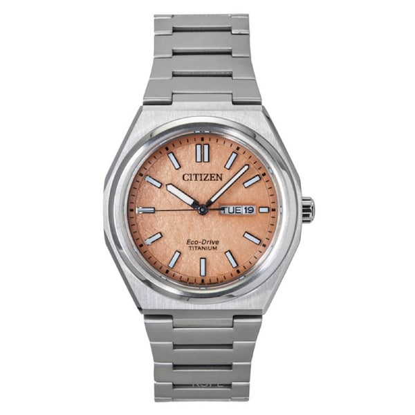 Citizen Zenshin Super Titanium Salmon Dial Day/Date Eco-Drive AW0130-85Z 100M Men's Watch