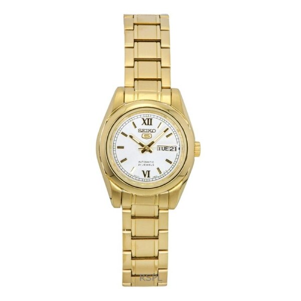 Seiko 5 Gold Tone Stainless Steel White Dial Day/Date 21 Jewels Automatic SYMK30K1 Ladies Women's Watch