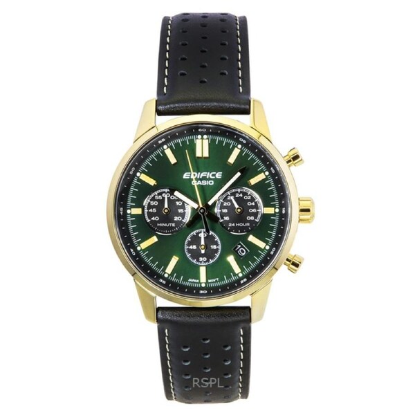 Casio Edifice Chronograph Stopwatch Date 12/24 Leather Strap Green Dial Quartz EFR-575CL-3A 100M Men's Watch