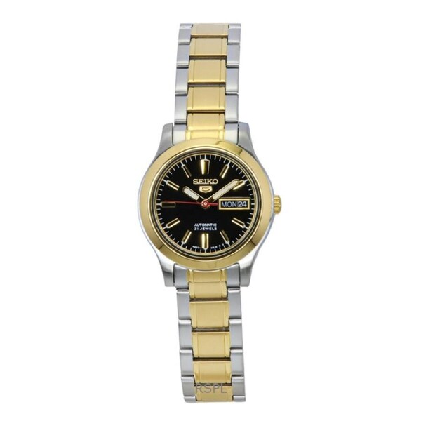 Seiko 5 Gold Tone Stainless Steel Black Dial Day/Date 21 Jewels Automatic SYMD94K1 Ladies Women's Watch