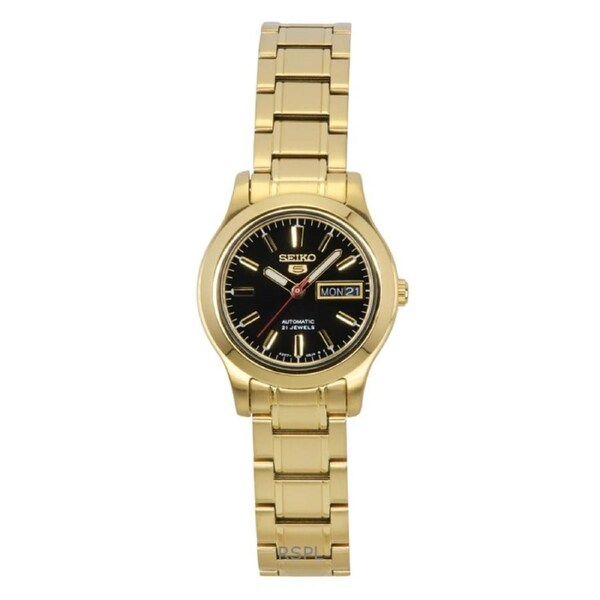 Seiko 5 Gold Tone Stainless Steel Black Dial Day/Date 21 Jewels Automatic SYMD96K1 Ladies Women's Watch