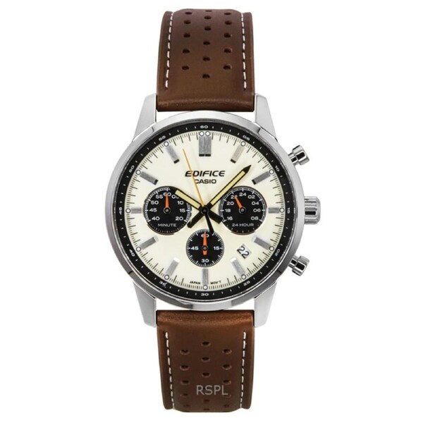 Casio Edifice Chronograph Stopwatch Date 12/24 Leather Strap Cream Dial Quartz EFR-575L-7A 100M Men's Watch