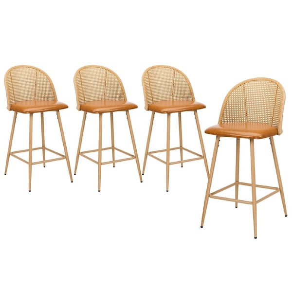 Oikiture Bar Stools Kitchen Counter Stool Rattan Dining Chair PU Brown x4