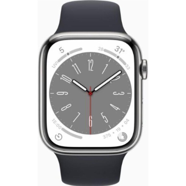 Apple Watch Series 8 - 32GB - Silver-Stainless Steel-Sport Band-Midnight - Cellular + GPS - 45mm - Silver - Stainless Steel - Midnight - Sport Band - Rubber - Refurbished (Good Condition)