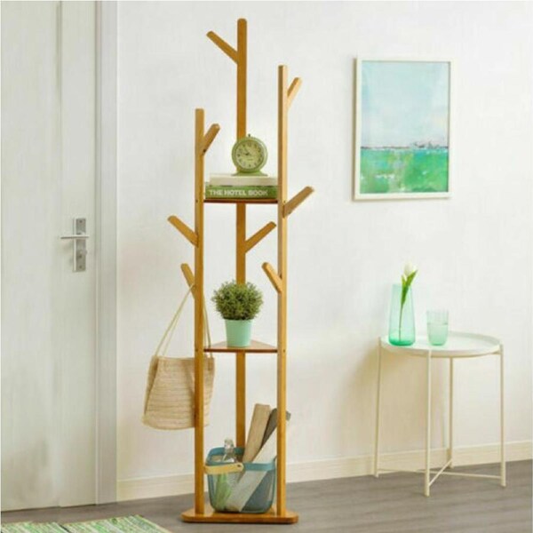 P&P Wooden Floor Clothes Hat Coat Rack Tree Hall Stand Hanger 3 Layer Shelf 9 Hooks