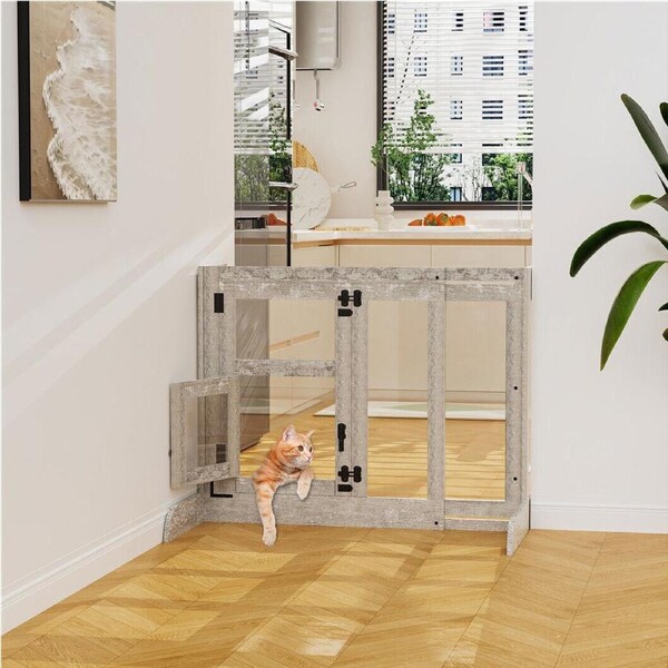 P&P Heavy Duty Free Standing Dog Gate with Pet Door Retractable for Stairs &Doorways
