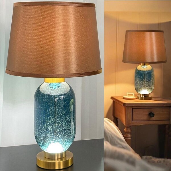P&P Retro Shade &Blue Glass LED Table Lamp Nightstand Reading Lights 3 Color Setting