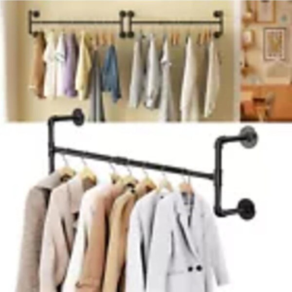 P&P Adjustable Pipe Clothes Rack Heavy Duty Detachable Wall Mounted Iron Garment Bar