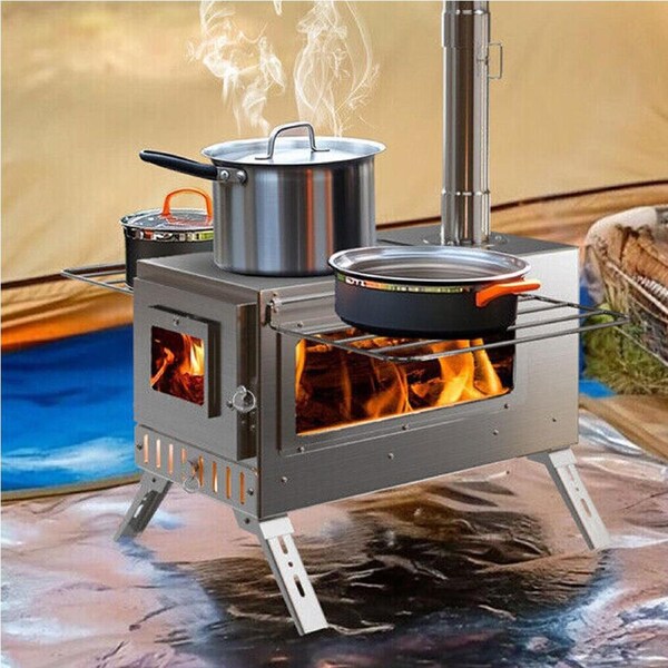 P&P Wood Burning Stove Bell Tent Camping Heating Cooking Portable Firewood w 7 Pipes