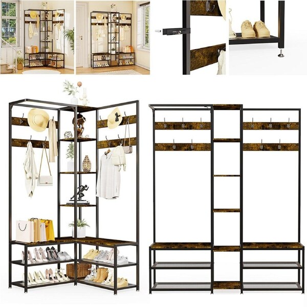P&P XXL Coat Rack Shoe Bench Industrial Hall Tree Storage Shelves w 10 Hanging Hooks