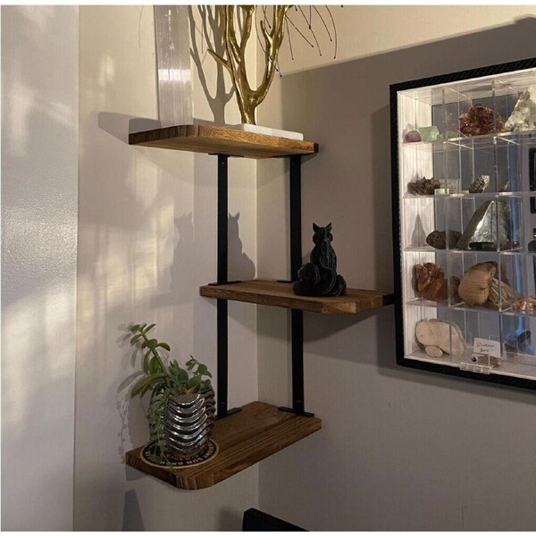 P&P Rustic 3 Tier Wooden Corner Shelf Wall Mounted Floating Shelves Antique Display