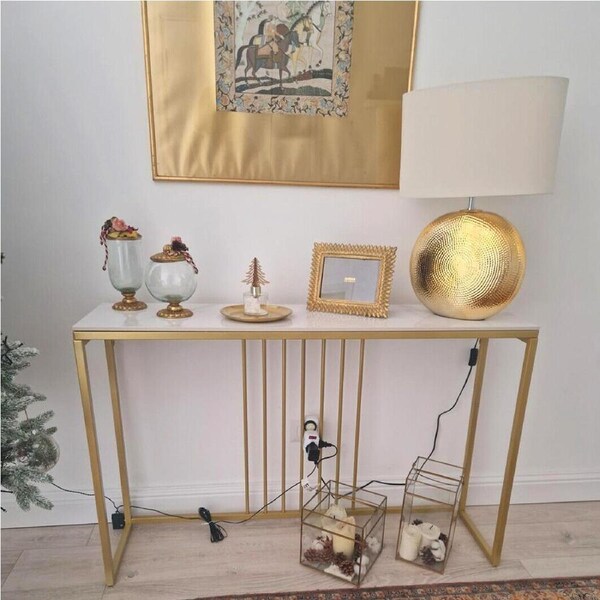 P&P 120cm Long Narrow Console Table White Marble Hallway Entryway Accent Gold Legs
