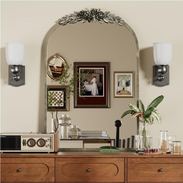 P&P Sophisticated Arched Wall Mirror Antique Brass Baroque Accent Mirror Living Room