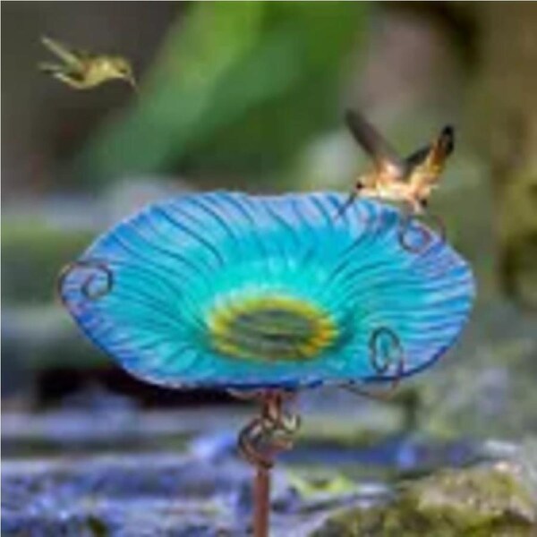 P&P Bird Baths for Outdoors Glass Birdbath Feeders Bowl and Metal Stake Garden Decor