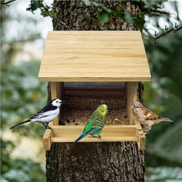 P&P Wooden Bird Feeders Large Capacity Bird Feeder Opening Roof for Refill Outdoor