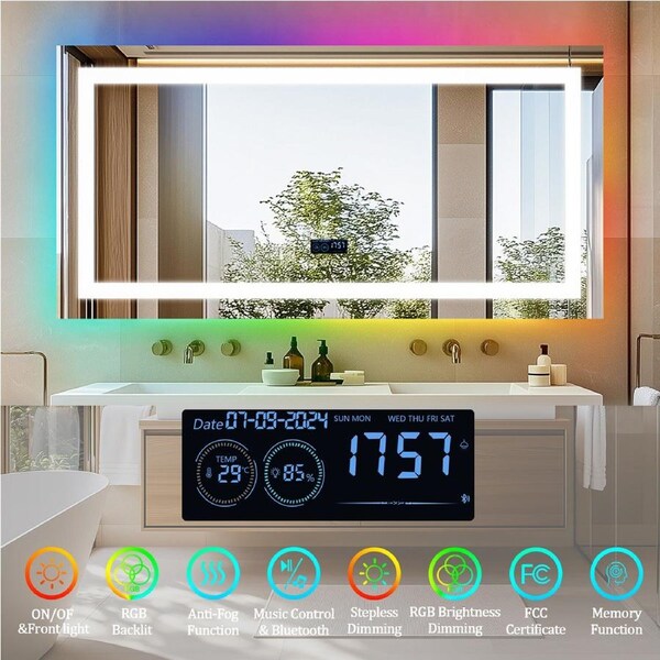 P&P Bluetooth & Time Display LED Lighted Bathroom Mirror RGB Backlit Makeup Mirrors