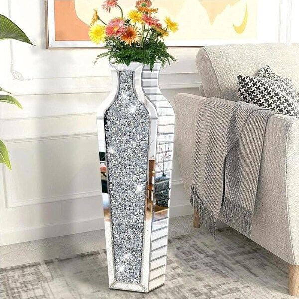 P&P 70cm XL Large Sparkle Diamond Crushed Crystal Sparkly Silver Mirrored Floor Vase