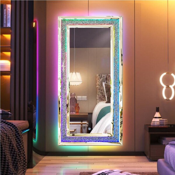 P&P XXL Dynamic RGB Rectangular Wall Hanging Mirror Crush Diamond with 8 Lights Mode