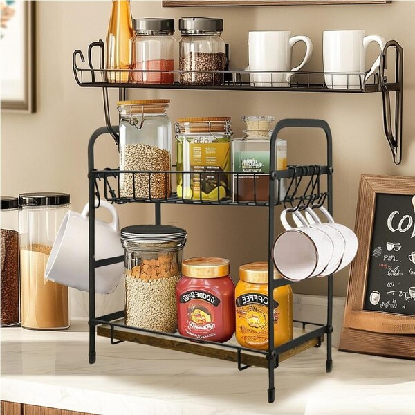 P&P Coffee Bar Station Organizer Mug Cup Holder Stand for Countertop with 12 S Hooks