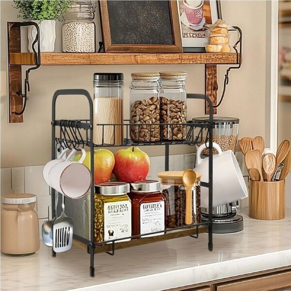 P&P Sturdy Metal & Wood 2-Tier Coffee Bar Organizer Counters Storage Shelf 12 Hooks