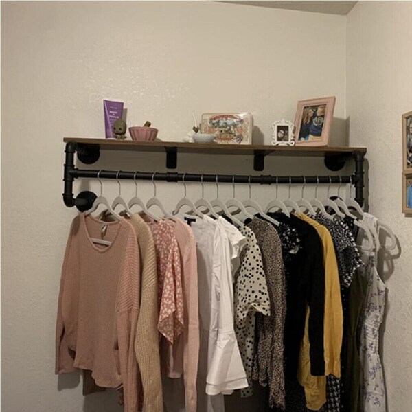 P&P Clothes Rack with Top Shelf Metal Pipe Wall Mounted Garment Rack fr Laundry Room