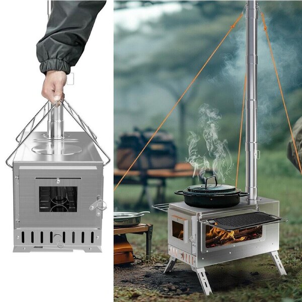 P&P Quickly Heat up Camping Stove with Large Firebox, Heat Resistant Glass, Gloves