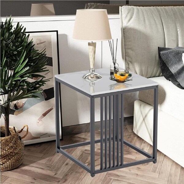 P&P Square Marble Coffee Table Simple Modern End Accent Table Floor Metal Frame Desk