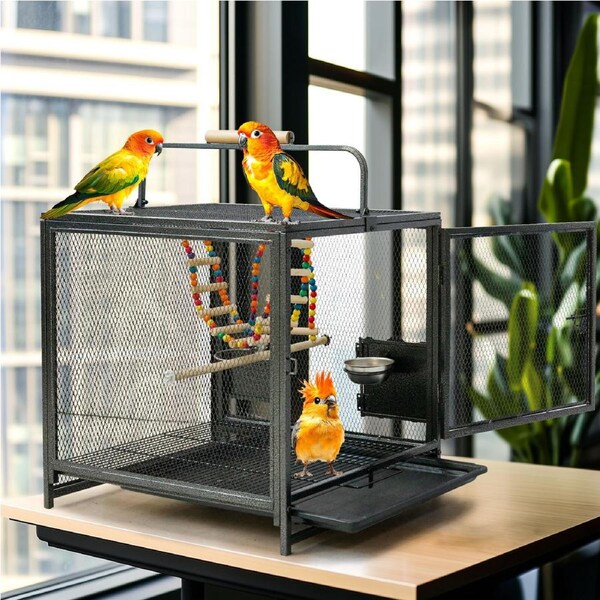 P&P 58cm Big Wrought Iron Bird Travel Carrier Cage Safety Tiny Net with Perch, Swing
