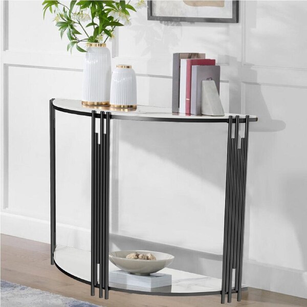 P&P Modern Decorative Console Table White Marble Black Metal Frame Easy to Assemble