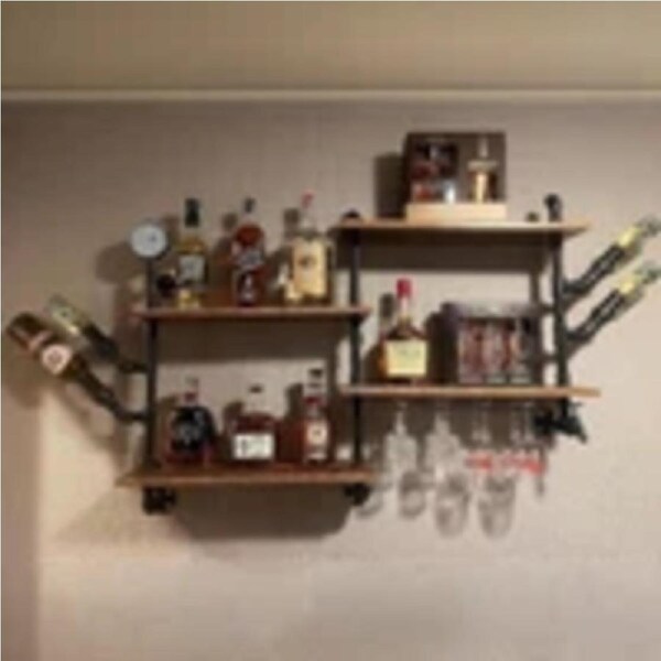 P&P 4Tier Industrial Pipe Wine Rack Floating Whiskey Wall Display for Kitchen Dining