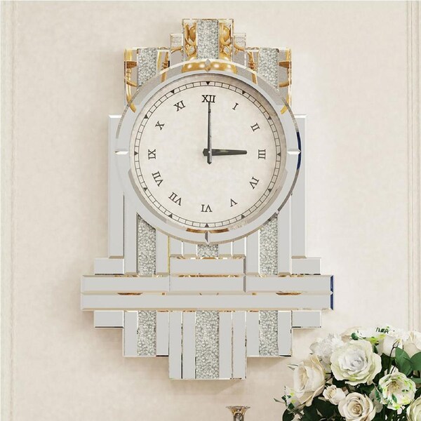 P&P Beautiful Stylish Silver Mirrored Wall Clock with Bling Crystals Living Room Dec