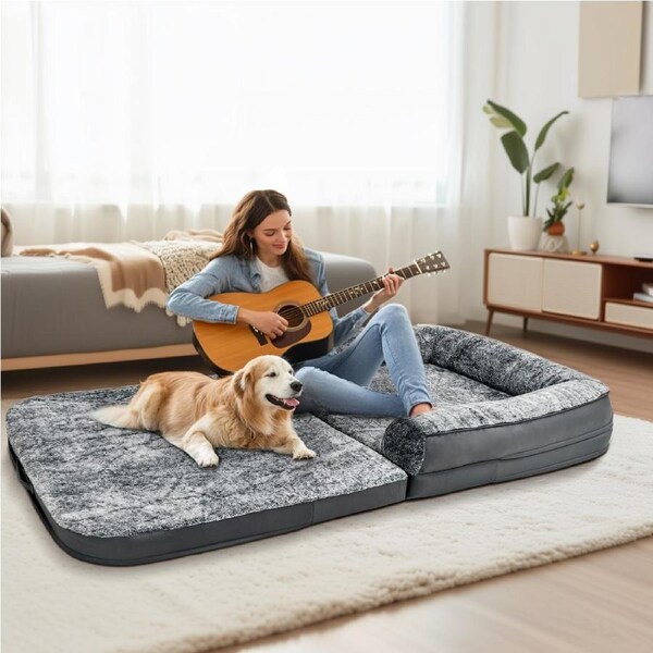 P&P Orthopedic Soft Foam Human Size Dog Bed Waterproof Anti-Scratch Leather Bolsters