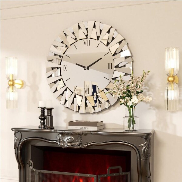P&P 80cm Charming Large Wall Clock Silver Mirrored Clock Quiet for Living Room Decor
