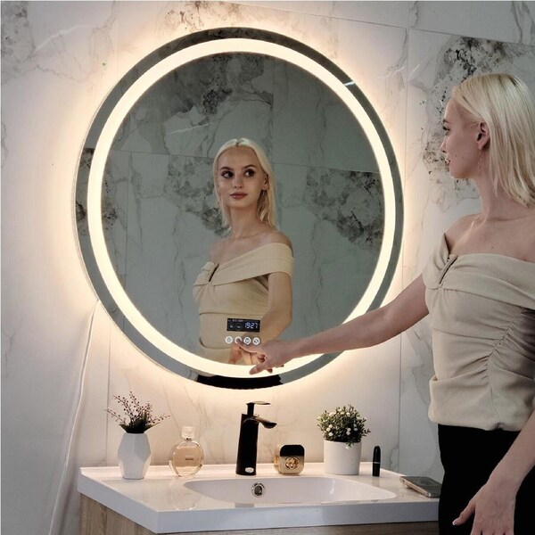 P&P Large LED Bathroom Mirror with Bluetooth Anti-fog 3 Color Lights Touch Buttons