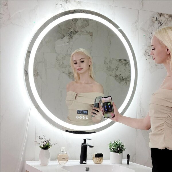 P&P 80CM LED Bathroom Mirror with Bluetooth Speaker Anti-fog Dimmable Front& Backlit