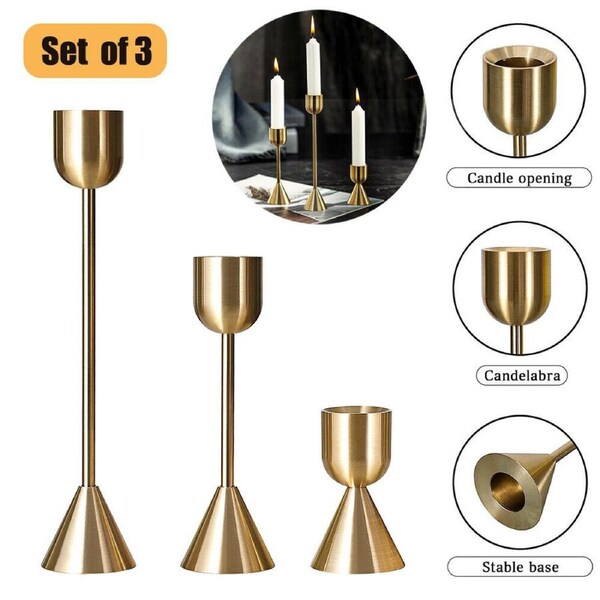 P&P 3Pcs Patrician Brass Gold Candlestick Holder Centerpiece Table Housewarming Gift