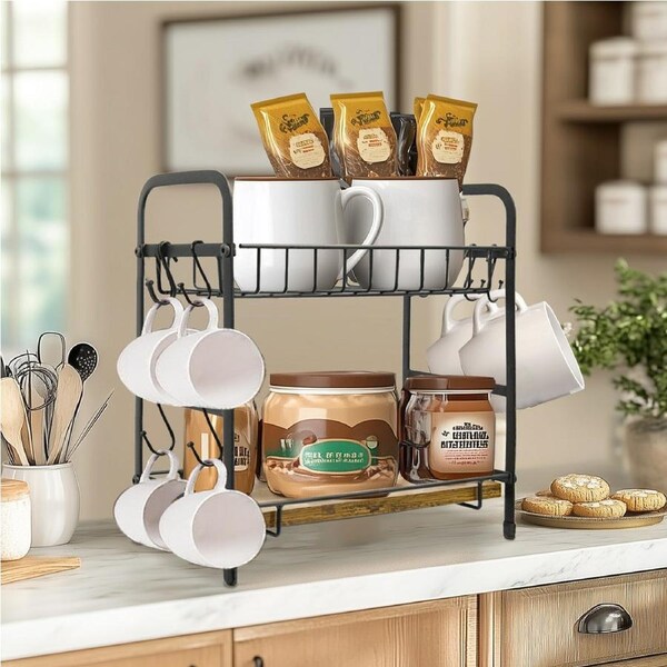 P&P Coffee Bar Organizer Sturdy Shelves,Hooks for Mugs,Coffee Pods,Syrups,Sweeteners